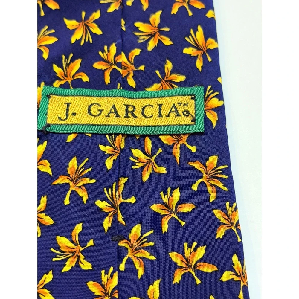 J. Garcia Silk Tie Landscape With Eye Collection Ten Navy Floral Lily Art